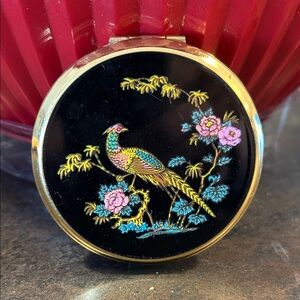 Vintage Compact Mirror England Stratton Pheasant Black/Gold Enamel Face Powder